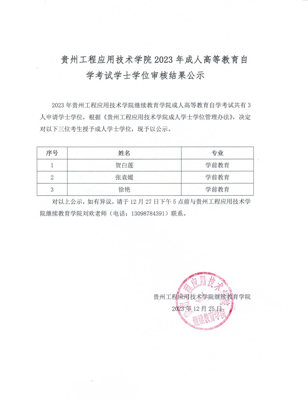 貴州工程應用技術學院2023年成人高等教育自學考試學士學位審核結(jié)果公示 貴州工程應用技術學院2023年成人高等教育自學考試學士學位審核結(jié)果公示