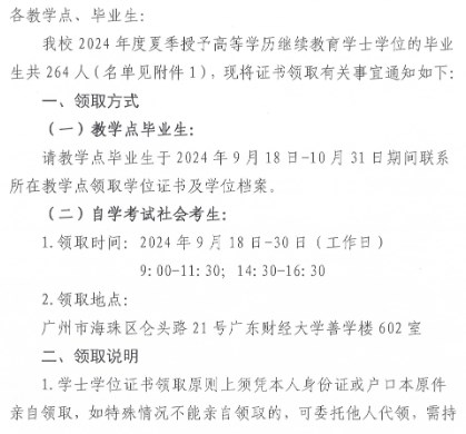 2024年度夏季廣東財經(jīng)大學高等學歷繼續(xù)教育學士學位證書領取通知1 2024年度夏季廣東財經(jīng)大學高等學歷繼續(xù)教育學士學位證書領取通知1